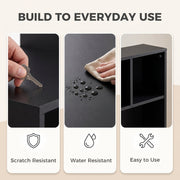 Close-ups of the scratch resistant surface, water resistance and easy assembly