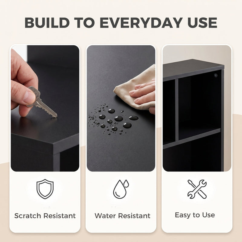 Close-ups of the scratch resistant surface, water resistance and easy assembly