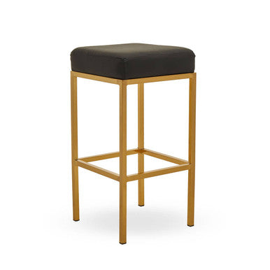 Black leather effect bar stool with gold base, studio shot