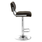 Side view of black leather effect bar stool with chrome column and footrest