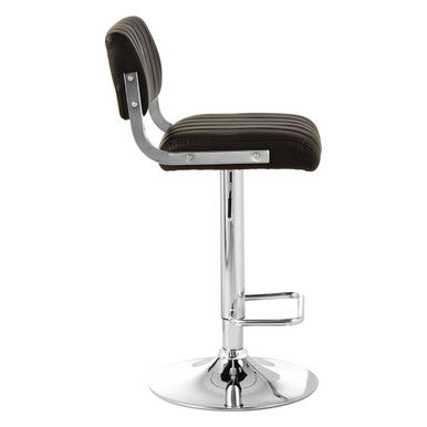 Side view of black leather effect bar stool with chrome column and footrest