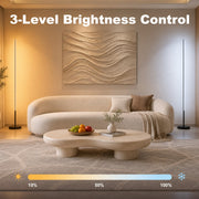 Floor lamps beside a sofa with a 10, 50 and 100 percent brightness control bar