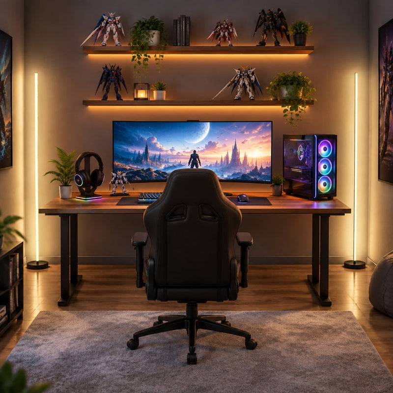 Pair of floor lamps flanking a gaming desk setup