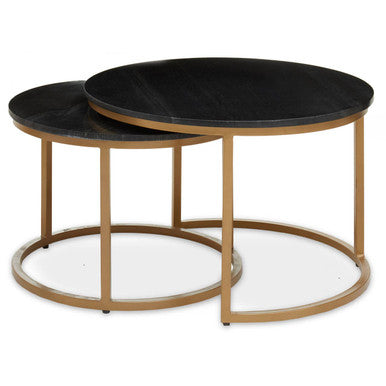 Round black marble nesting coffee tables shown tucked together in a single footprint