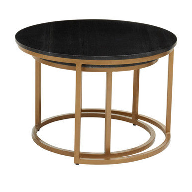 Studio view of the black marble coffee table set showing the gold-finish iron base profile
