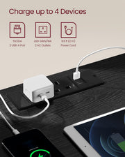 Close-up of the top-mounted power strip with 2 UK sockets and 2 USB-A ports charging a phone and tablet