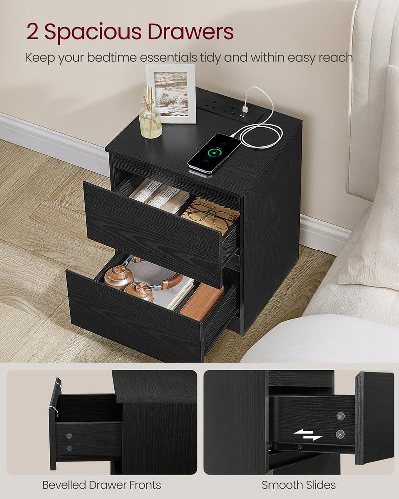 Both drawers pulled open holding books, glasses and headphones, with insets of the bevelled fronts and drawer slides