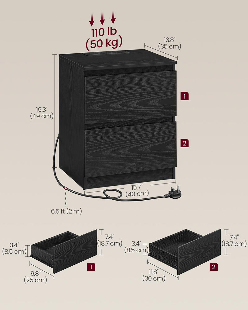 Dimensions diagram of the nightstand: 40 cm wide, 35 cm deep, 49 cm tall, with 50 kg top load and drawer sizes