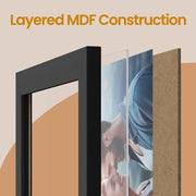 Cutaway view of the layered MDF frame construction with plastic front and photo