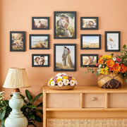 Black picture frames displayed as a gallery wall arrangement