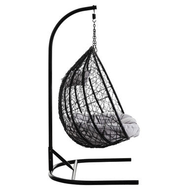 Front view of the black rattan double hanging chair on a plain background
