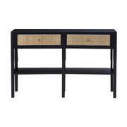 Black console table with two rattan-front drawers and an open lower shelf