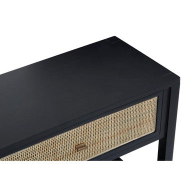 Close-up of the console table top edge and black frame finish