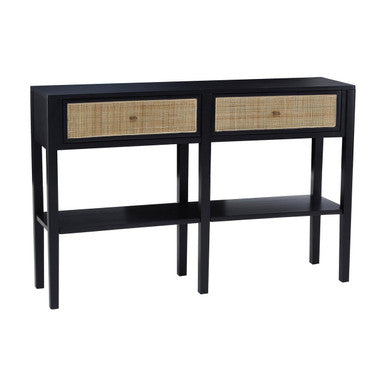 Slim black rattan console table on a plain background, 115cm wide