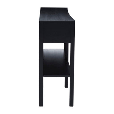 Angled view of the black console table showing the criss-cross rattan drawer fronts