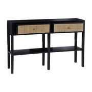 Side view of the black rattan console table showing its slim 30cm depth