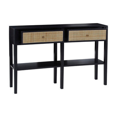 Side view of the black rattan console table showing its slim 30cm depth
