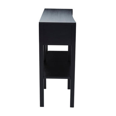 Black rattan console table with one drawer open to show the storage space