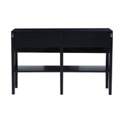 Rear view of the black console table showing the open lower shelf for baskets