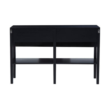 Rear view of the black console table showing the open lower shelf for baskets
