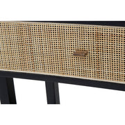 Close-up of the small rattan drawer pull on the console table
