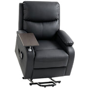 Black electric riser recliner chair with removable side table on a white background