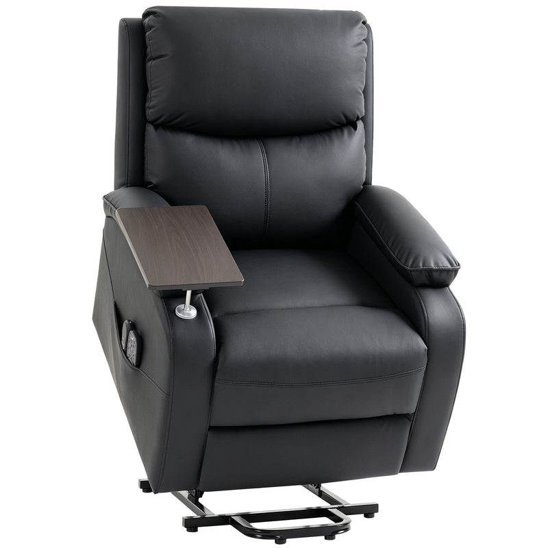 Black electric riser recliner chair with removable side table on a white background