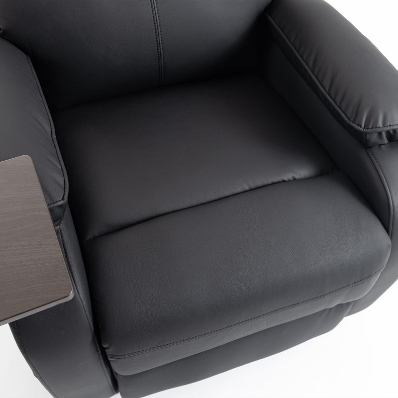 Close-up of the black faux leather seat cushion and armrest