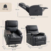 Dimensions diagram showing upright, lifted and reclined sizes and 120 kg weight capacity