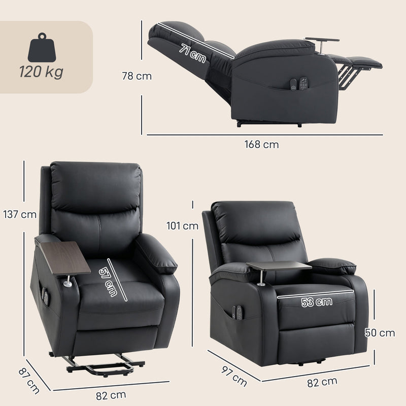 Dimensions diagram showing upright, lifted and reclined sizes and 120 kg weight capacity