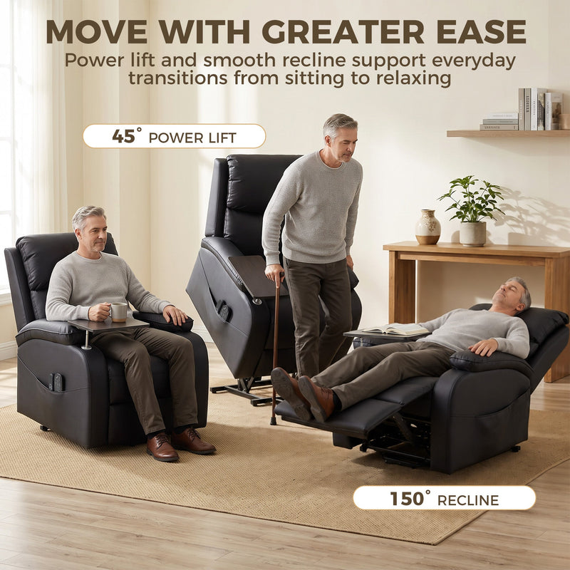 Three people showing the 45 degree power lift and 150 degree recline positions