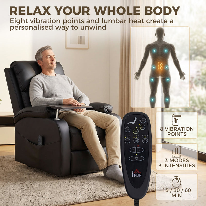 Man relaxing in the recliner beside the massage remote and 8 vibration points diagram