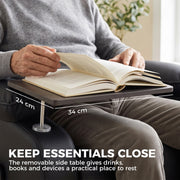 Removable side table holding a book, 34 cm wide and 24 cm deep