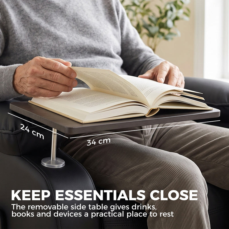 Removable side table holding a book, 34 cm wide and 24 cm deep