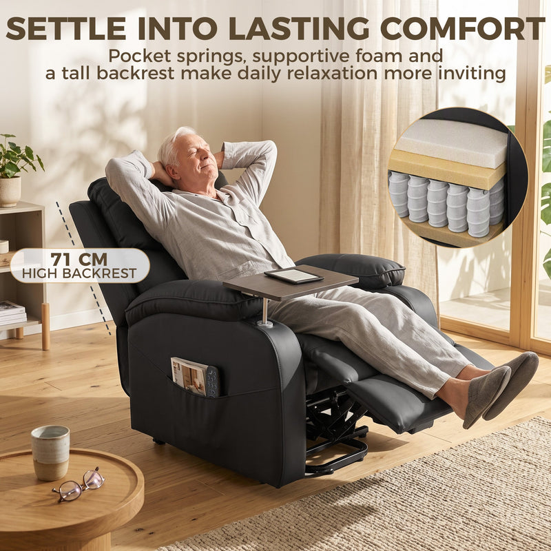 Man reclined in the chair with a pocket spring and foam cushion cutaway and 71 cm backrest