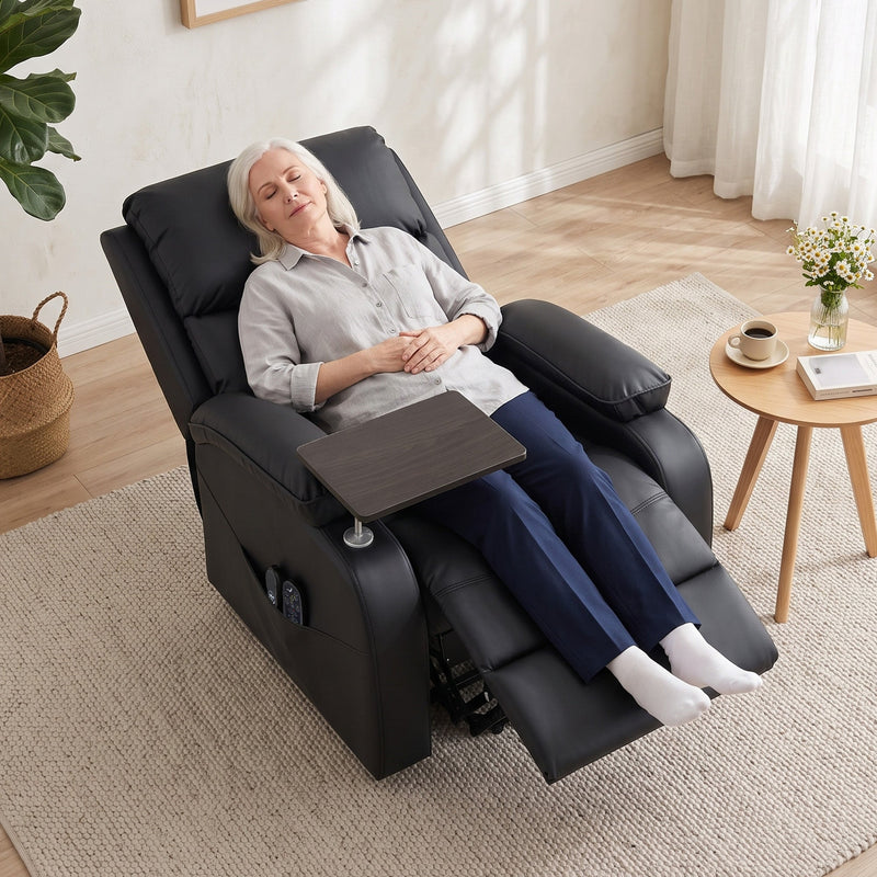Woman reclined in the black chair with the side table fitted