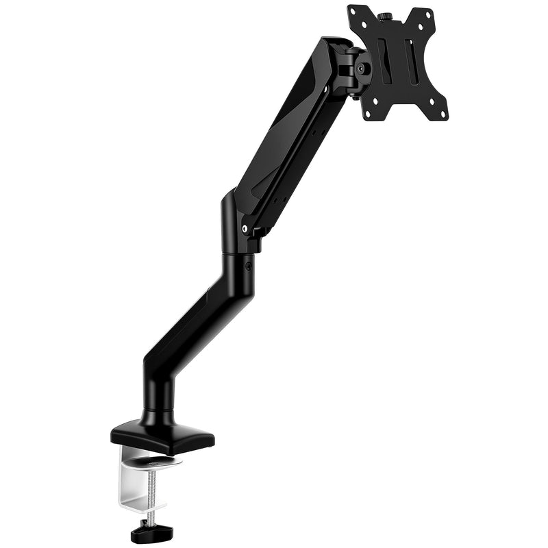 Black single gas spring monitor arm with a C-clamp base on a white background