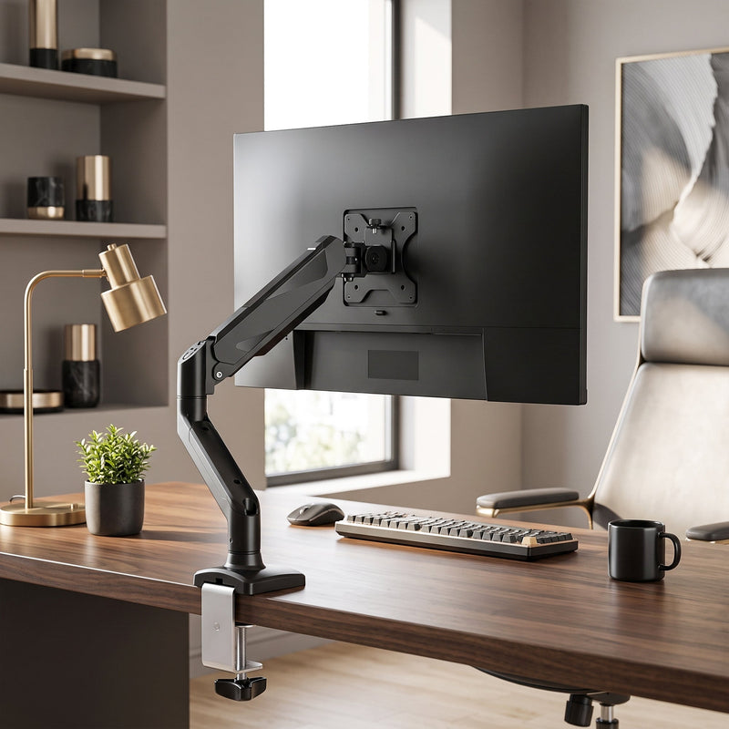 Monitor on the black single arm clamped to a desk beside a window