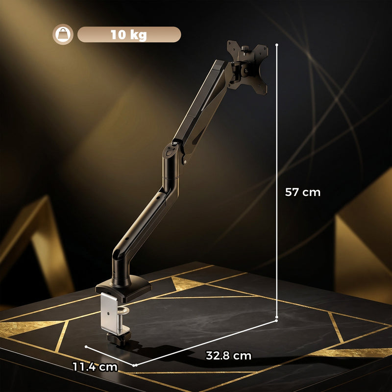 Dimensions diagram of the single monitor arm showing 32.8 cm, 11.4 cm, 57 cm height and 10 kg capacity