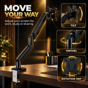 Single monitor arm with close-ups of tilt, swivel and 360 degree rotation