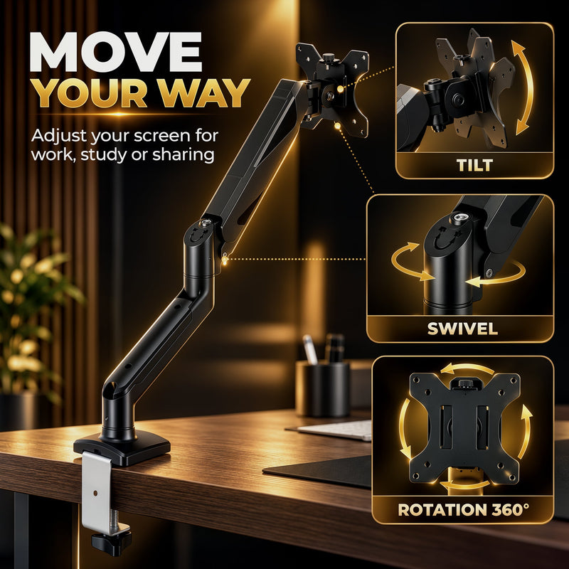 Single monitor arm with close-ups of tilt, swivel and 360 degree rotation