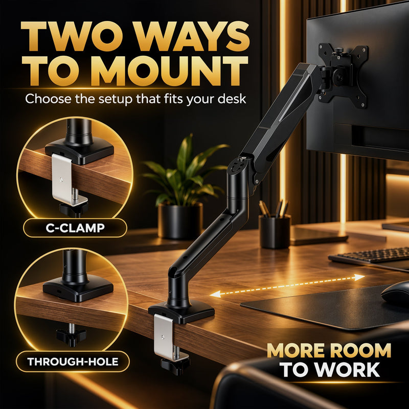 C-clamp and through-hole mounting options shown on a desk with the monitor arm