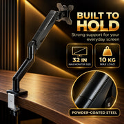 Monitor arm with callouts for 32 inch screens, 10 kg load and powder-coated steel