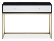 Black and white console table with gold stainless steel base on a plain background