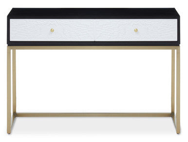 Black and white console table with gold stainless steel base on a plain background