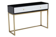 Front view of the console table showing the patterned white drawer fronts and black top