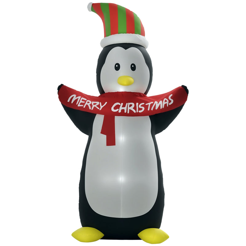 8ft inflatable penguin with striped hat holding a Merry Christmas banner on a white background