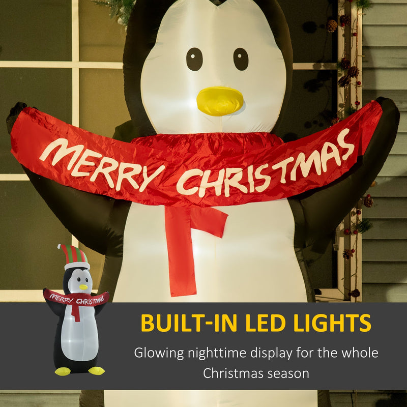 Close-up of the penguin's face and Merry Christmas banner with built-in LED lights label
