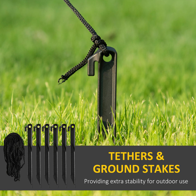 Tether and ground stake in grass with 6 ground stakes and tethers label