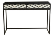Black 2-drawer console table with white bone inlay chevron top and drawer fronts, front view